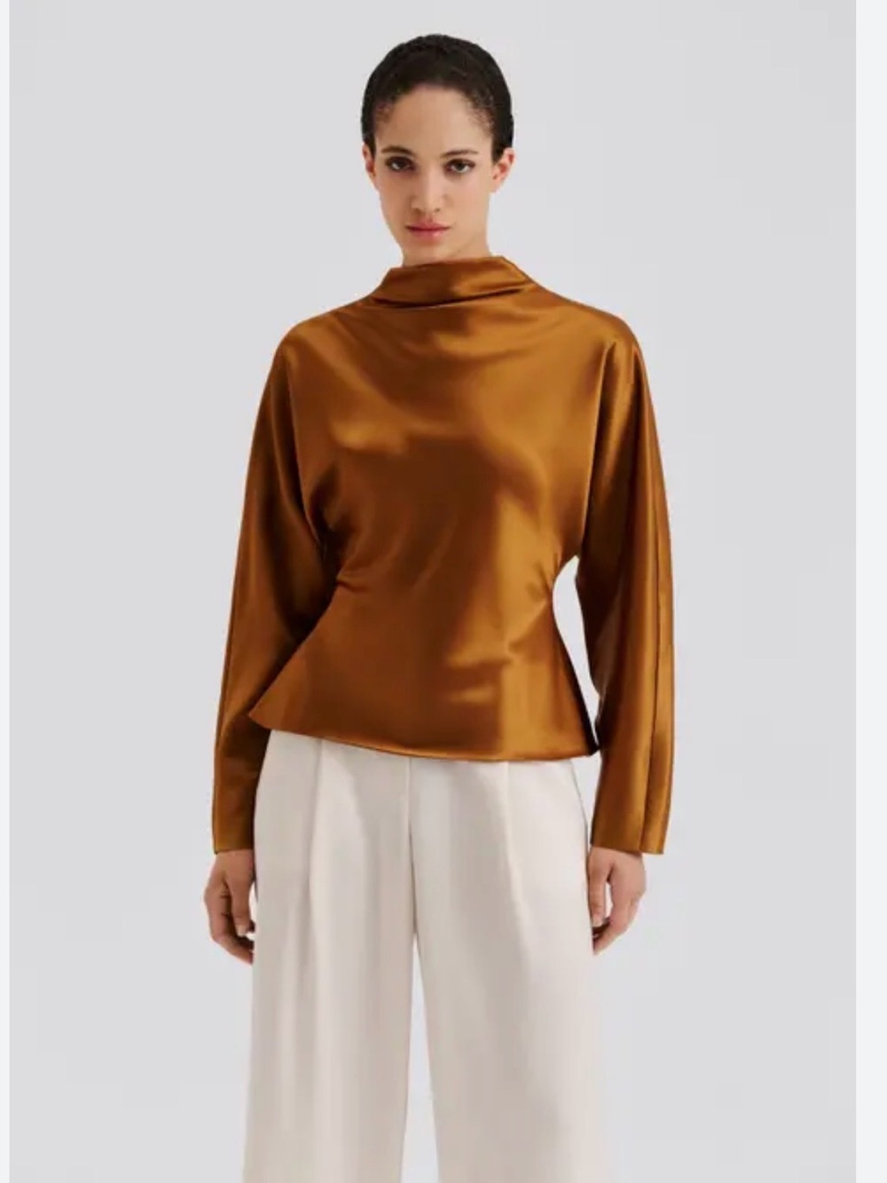 By Malina satin Mock-Neck Blouse in Warm Caramel golden brown size US 14 NWT